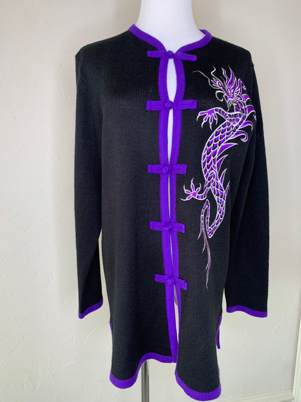 Bob Mackie Wearable Art Black Purple Dragon Design Cardigan Sweater Sz Medium